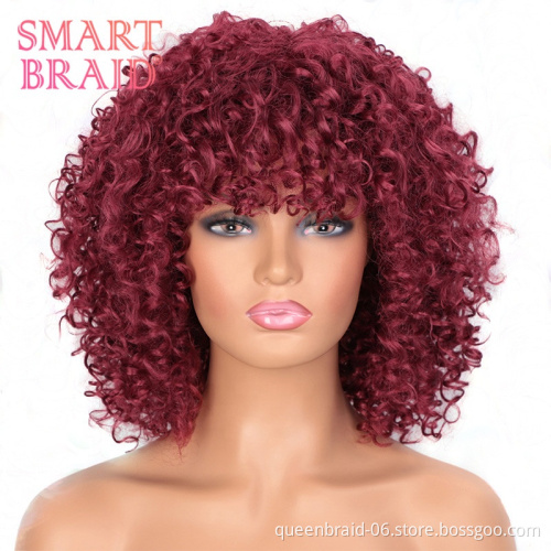 Wholesale Short Bob Red Wig With Bangs For Black Women 14 Inch Afro Kinky Loose Curly Wave Synthetic Hair Wigs